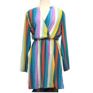 Rainbow Striped Women Dress Medium V-Neck Long Sleeve Midi Colorful Art to Wear